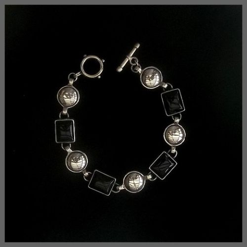 Sterling Silver Bali Bracelet with Rectangular Onyx Stones